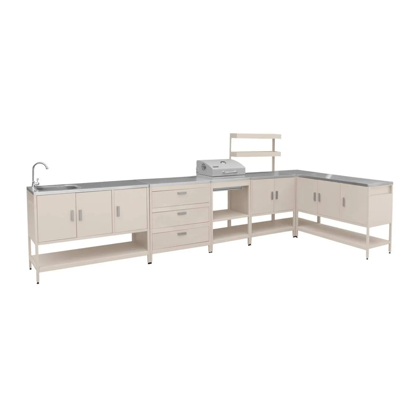 Outdoor kitchen with charcoal barbecue and 5 modules with sink