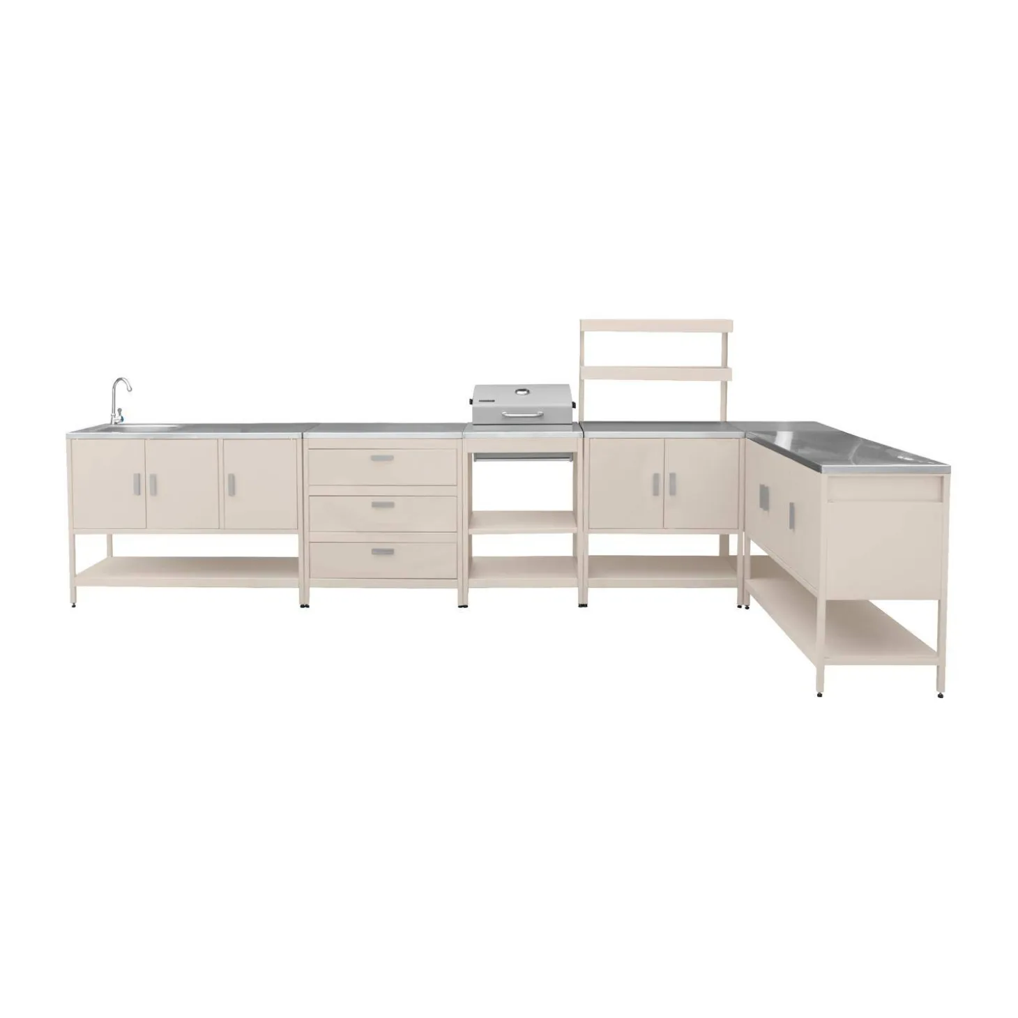 Outdoor kitchen with charcoal barbecue and 5 modules with sink