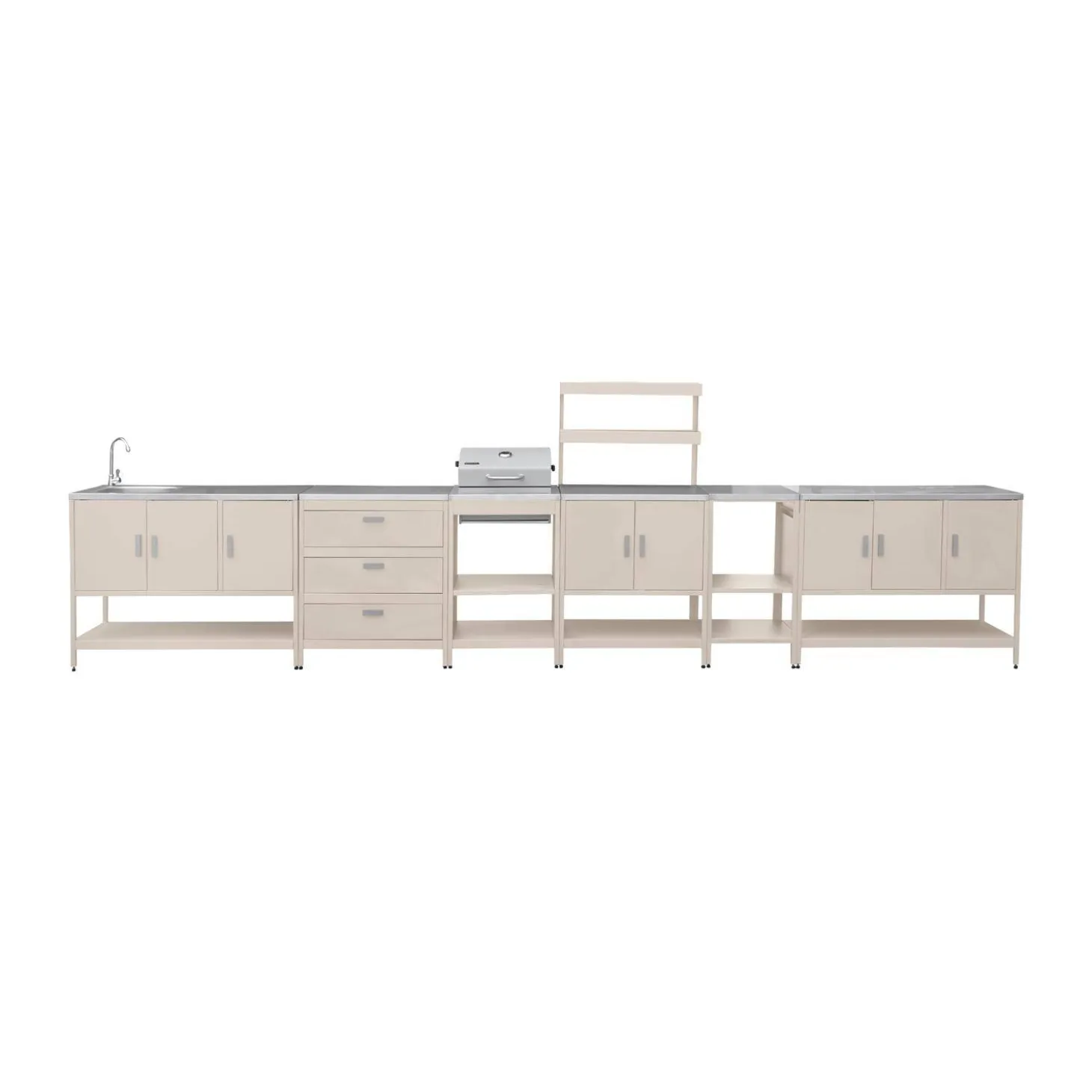 Outdoor kitchen with charcoal barbecue and 5 modules with sink