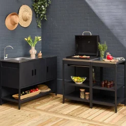 Outdoor kitchen with charcoal barbecue and 3 modules with sink
