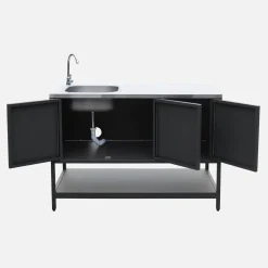 Outdoor kitchen with charcoal barbecue and 2 modules with sink