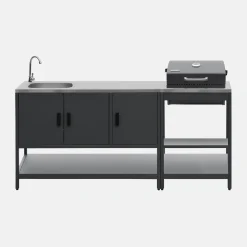 Outdoor kitchen with charcoal barbecue and 2 modules with sink