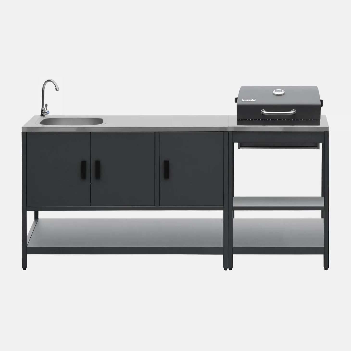 Outdoor kitchen with charcoal barbecue and 2 modules with sink