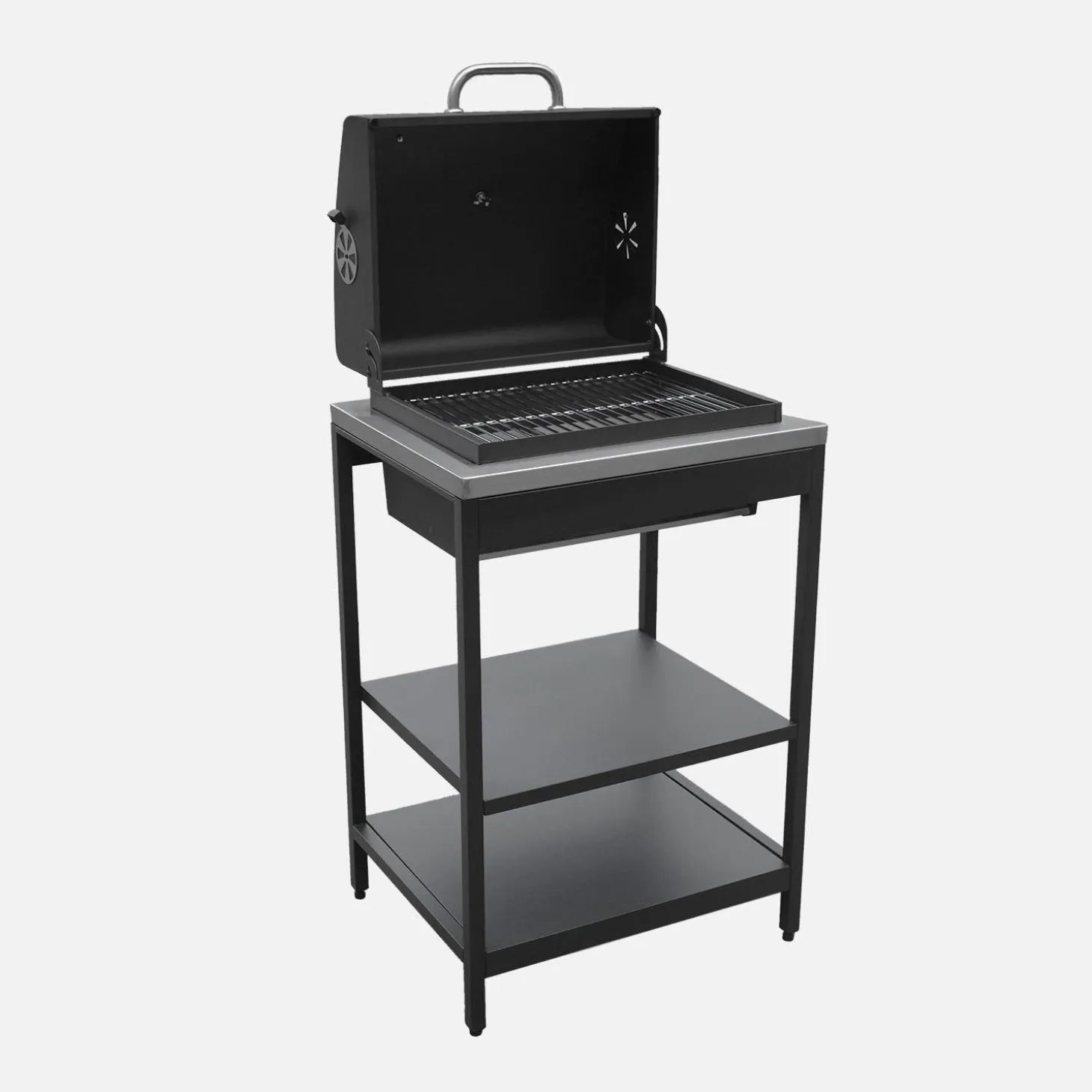 Outdoor kitchen with charcoal barbecue and 2 modules with sink