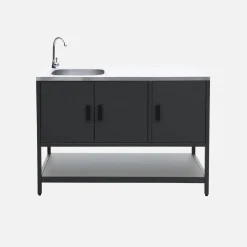 Outdoor kitchen with charcoal barbecue and 2 modules with sink