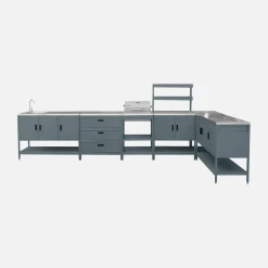 Outdoor kitchen with charcoal barbecue and 5 modules with sink