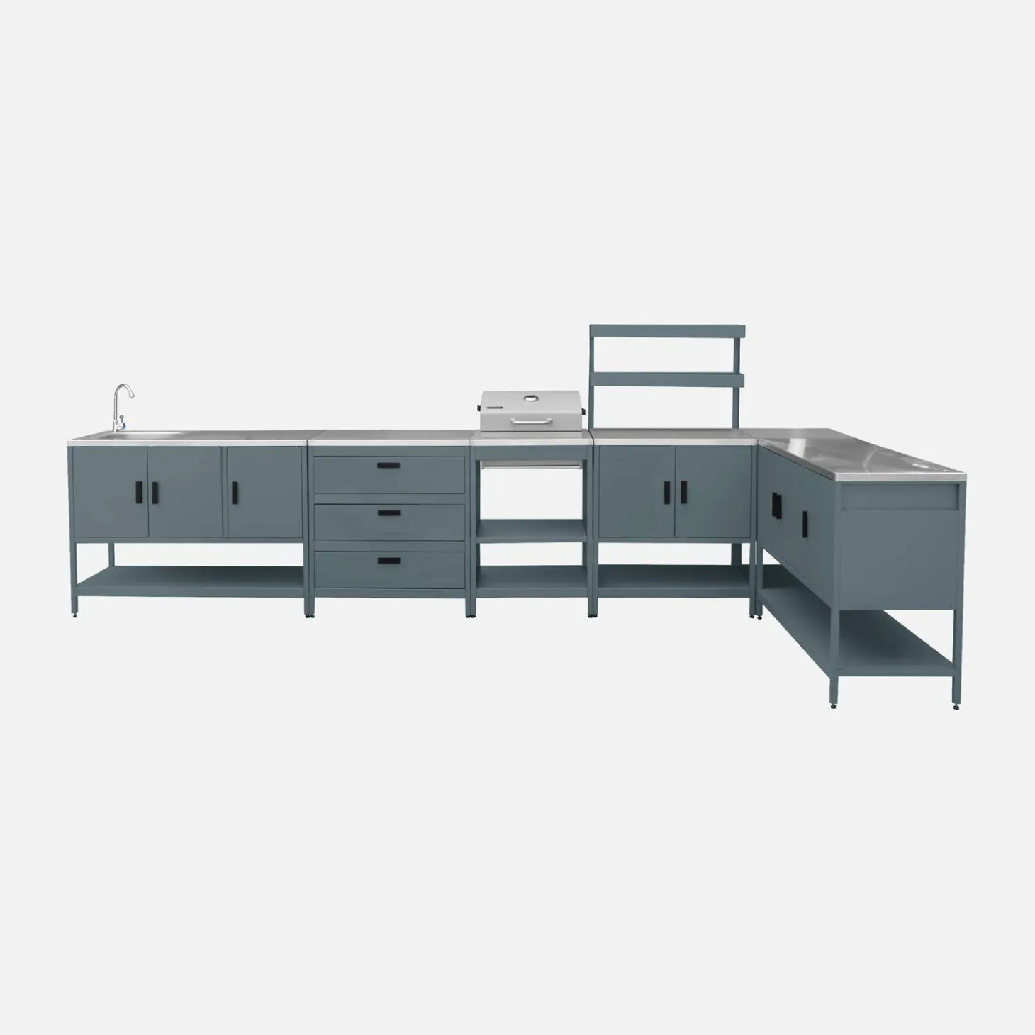 Outdoor kitchen with charcoal barbecue and 5 modules with sink
