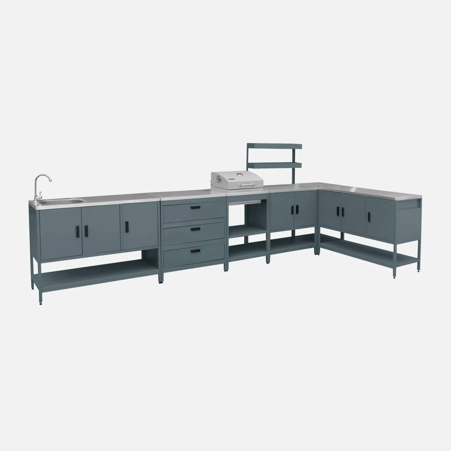 Outdoor kitchen with charcoal barbecue and 5 modules with sink