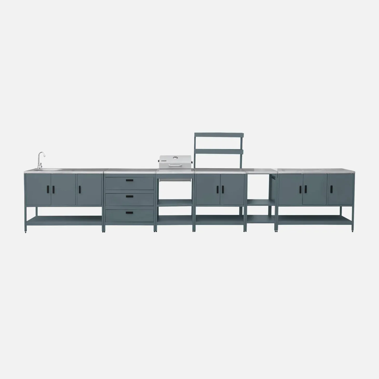 Outdoor kitchen with charcoal barbecue and 5 modules with sink