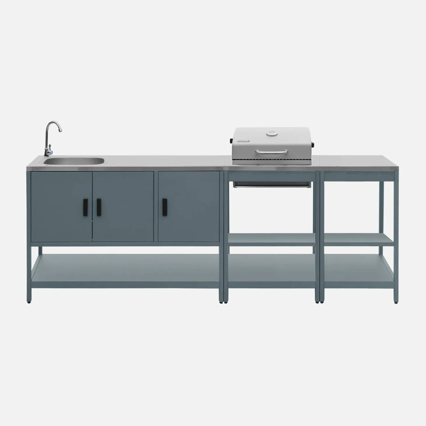 Outdoor kitchen with charcoal barbecue and 3 modules with sink