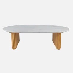 Oval coffee table in rubberwood with stone effect veneer