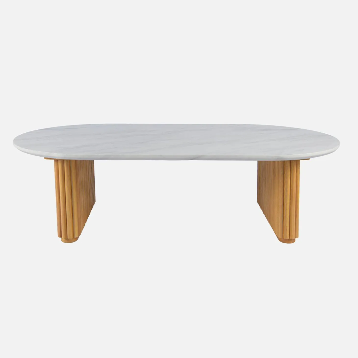 Oval coffee table in rubberwood with stone effect veneer