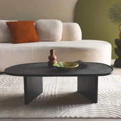 Oval coffee table mango wood and stone veneer
