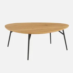 Oval coffee table with black metal legs and oak effect