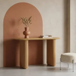 Oval console rubberwood and oak-effect veneer