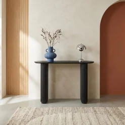 Oval console rubberwood and oak-effect veneer