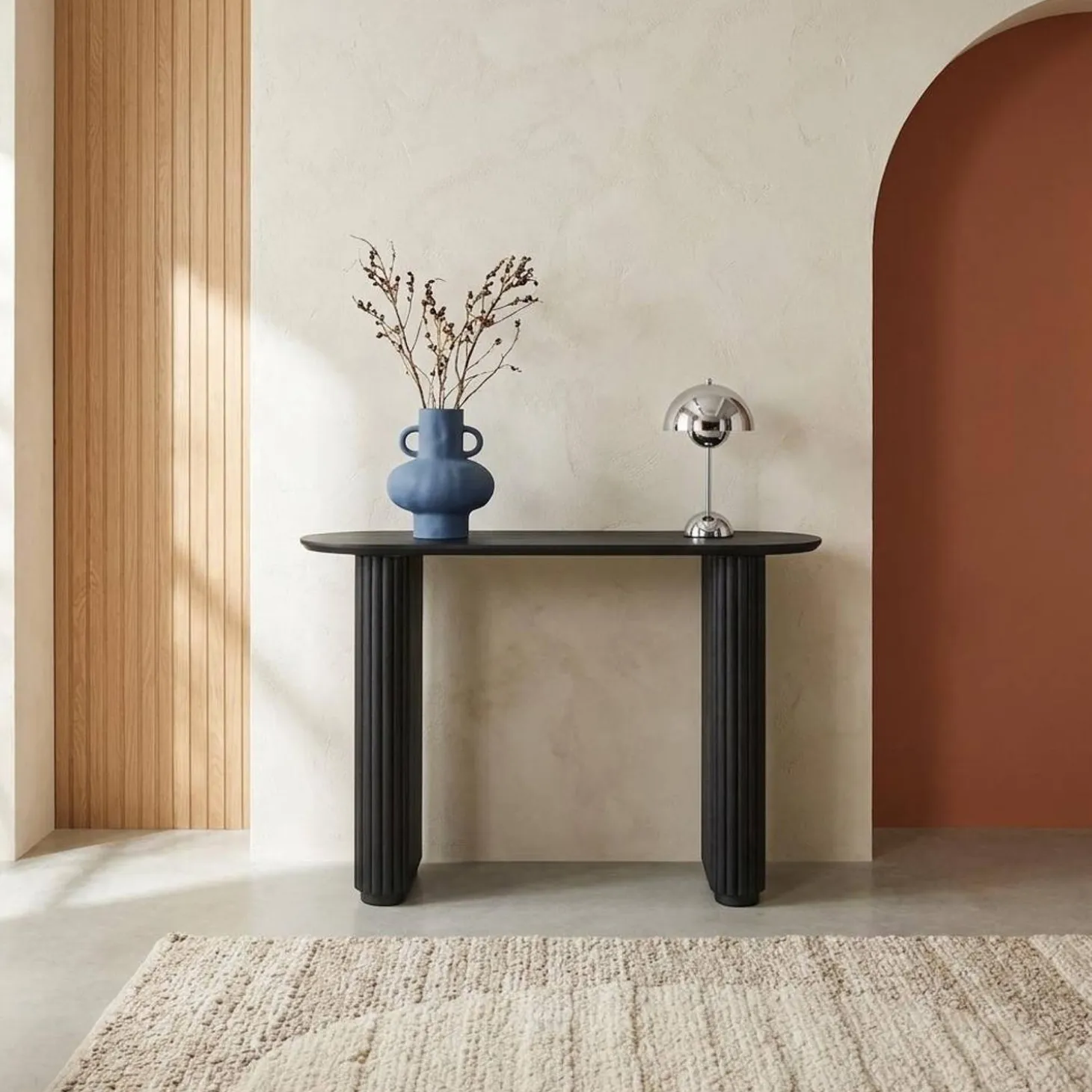 Oval console rubberwood and oak-effect veneer