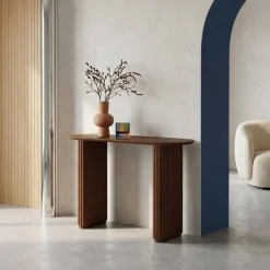 Oval console rubberwood and oak-effect veneer