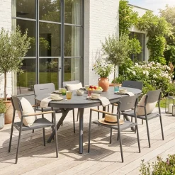 Oval extendable garden table 220/280cm + 6 armchairs, aluminium