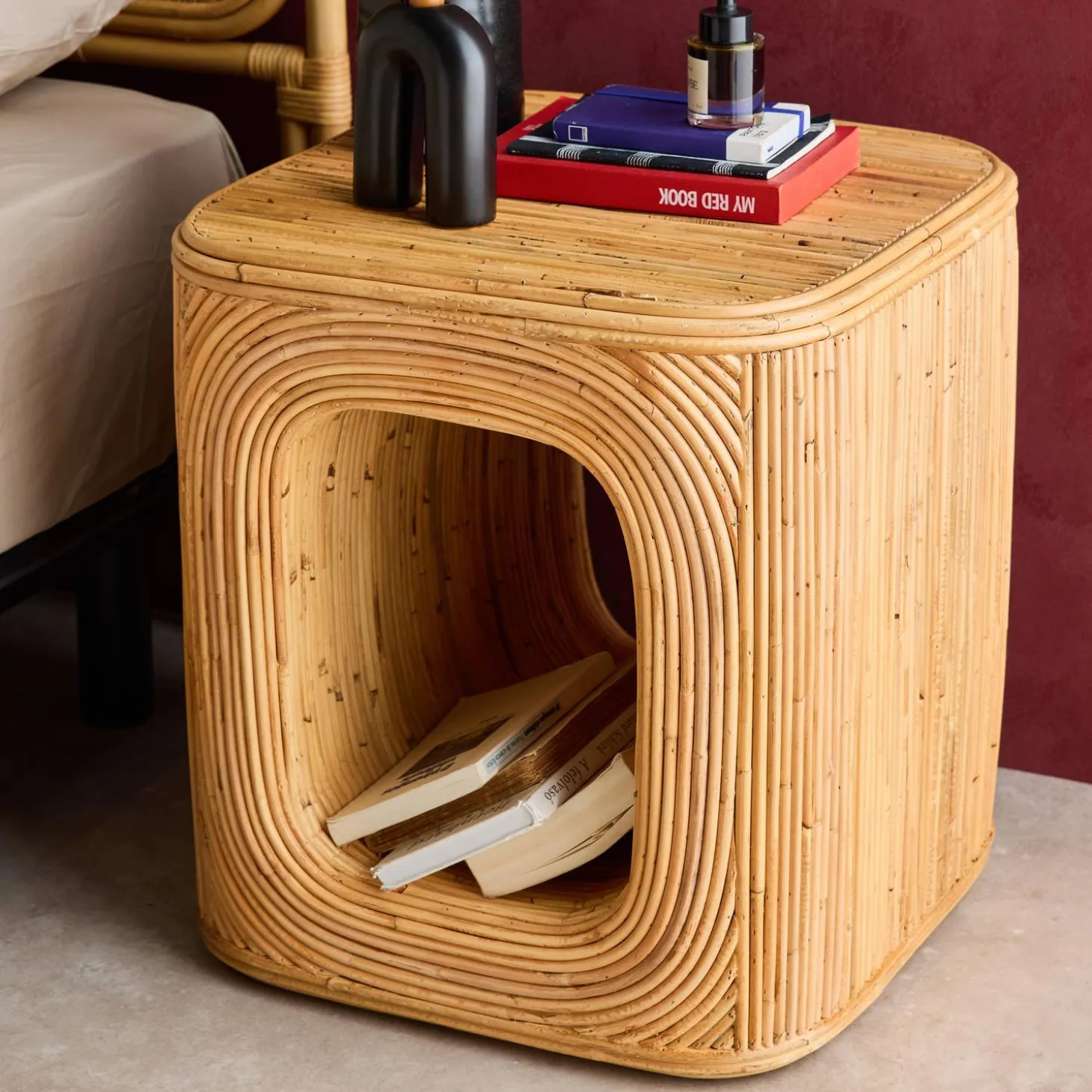 Pair of bedside tables or side tables in natural rattan