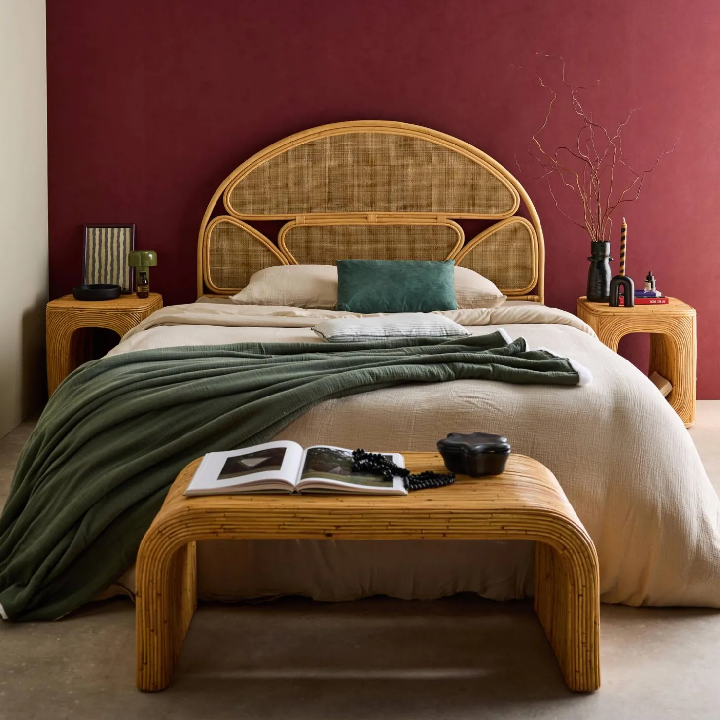 Pair of bedside tables or side tables in natural rattan