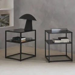 Pair of 2 black metal bedside table with shelf