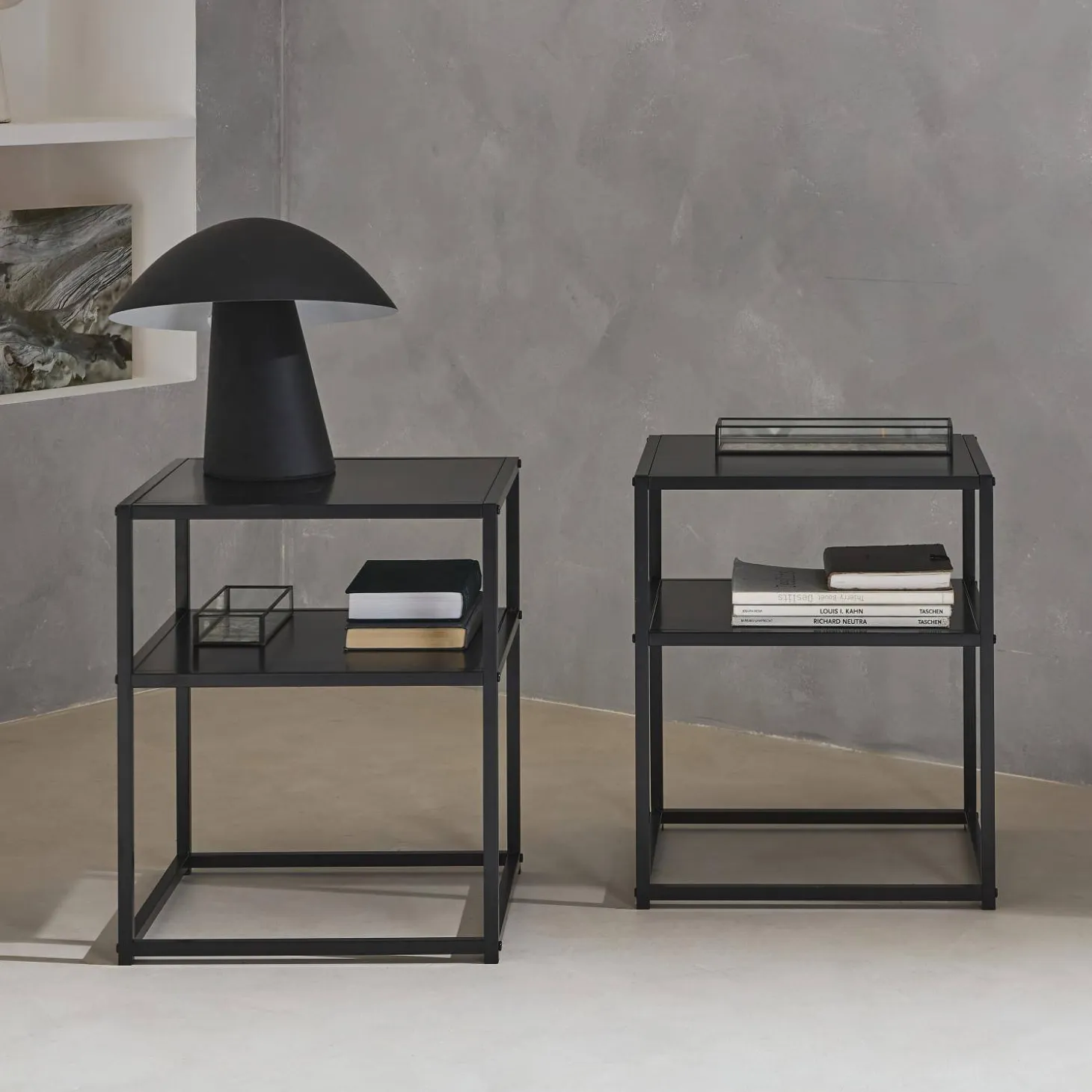 Pair of 2 black metal bedside table with shelf