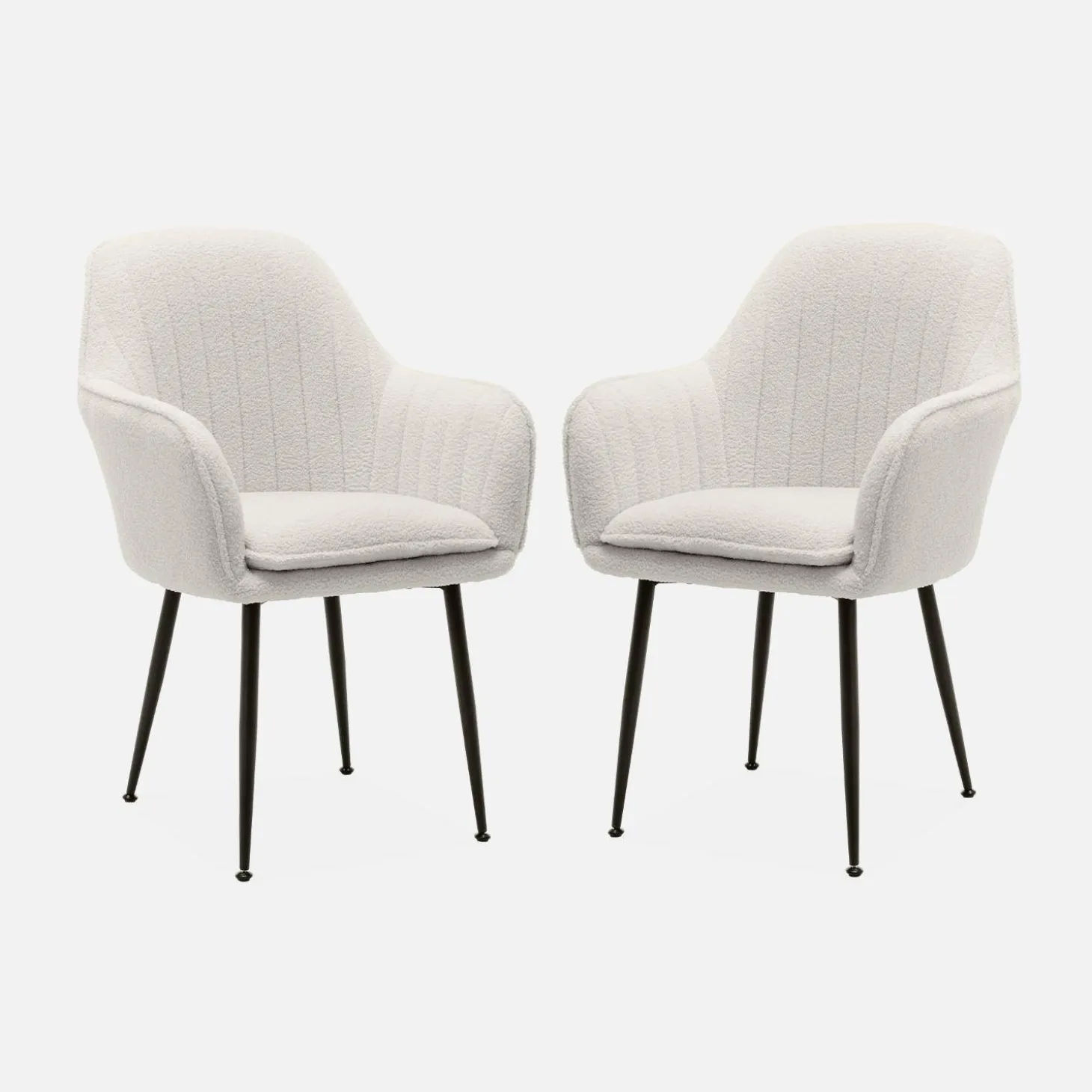 Pair of boucle fabric accent chairs with metal legs