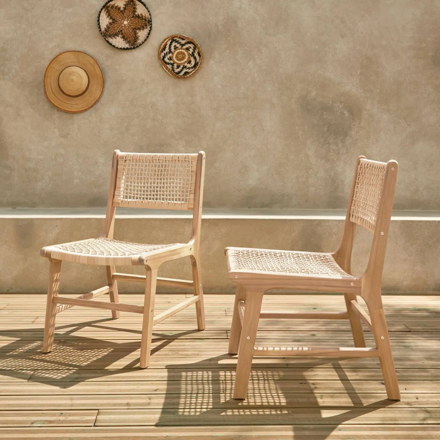 Pair of cane and wooden garden chairs