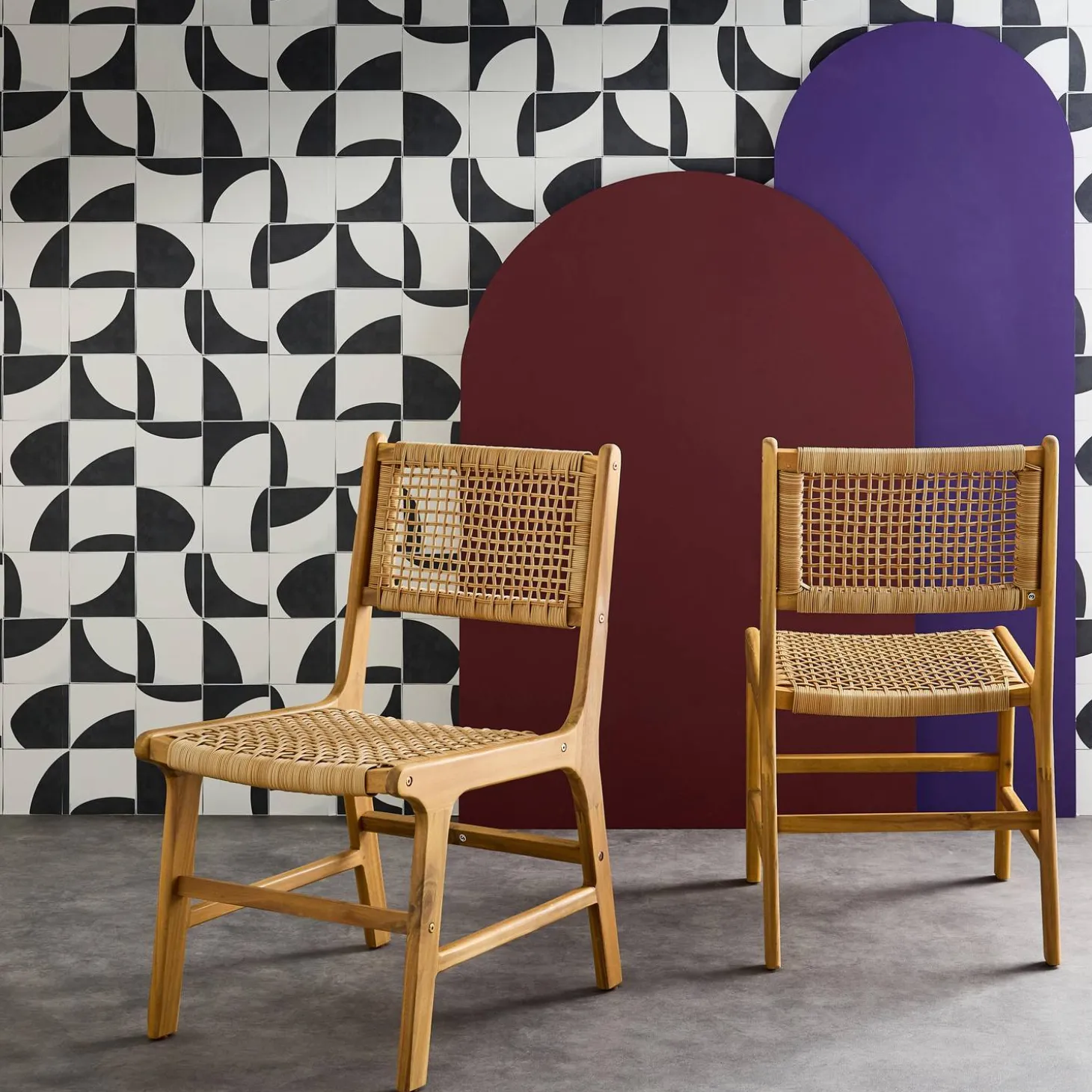 Pair of cane and wooden garden chairs