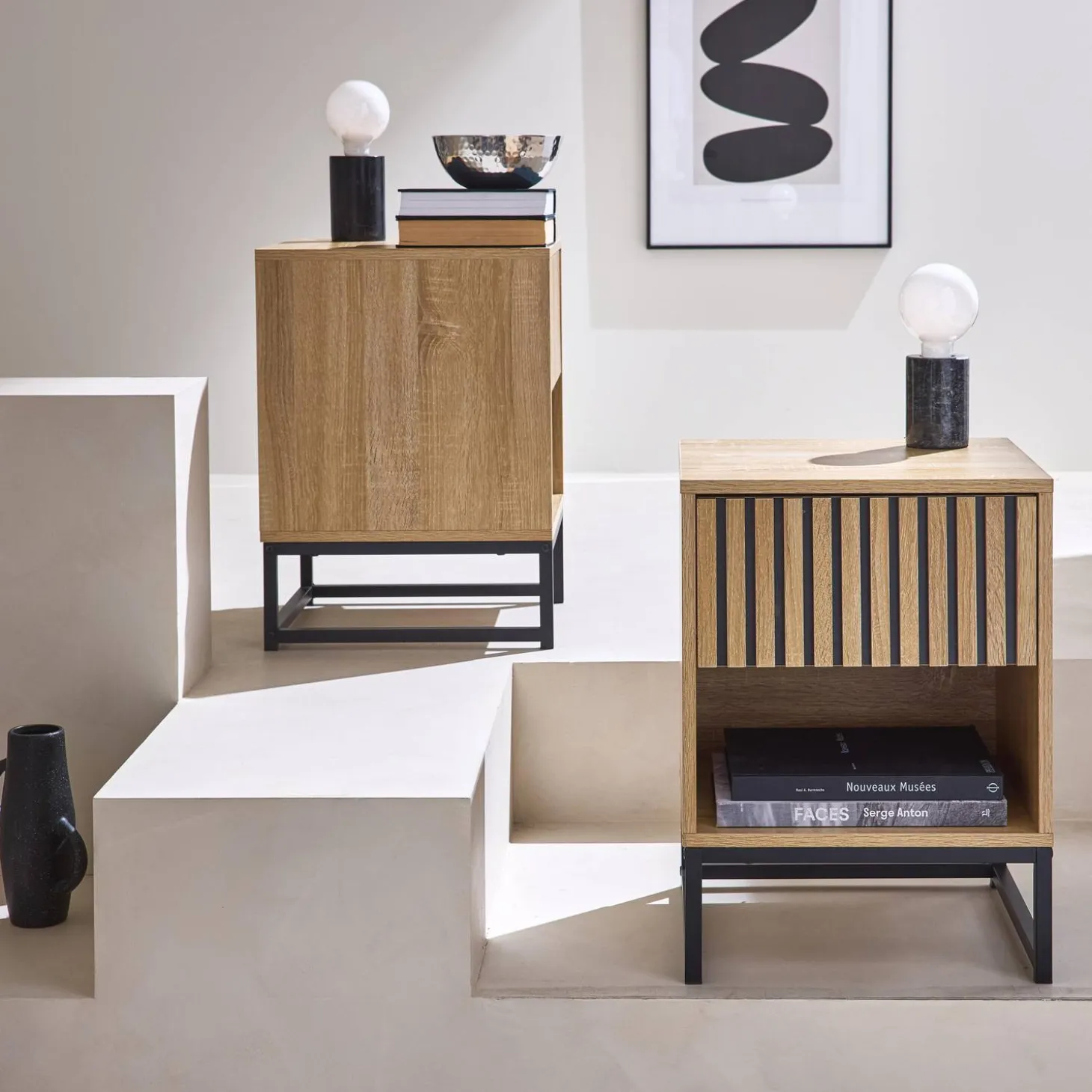 Pair of contemporary bedside tables with wood decor