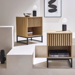 Pair of contemporary bedside tables with wood decor