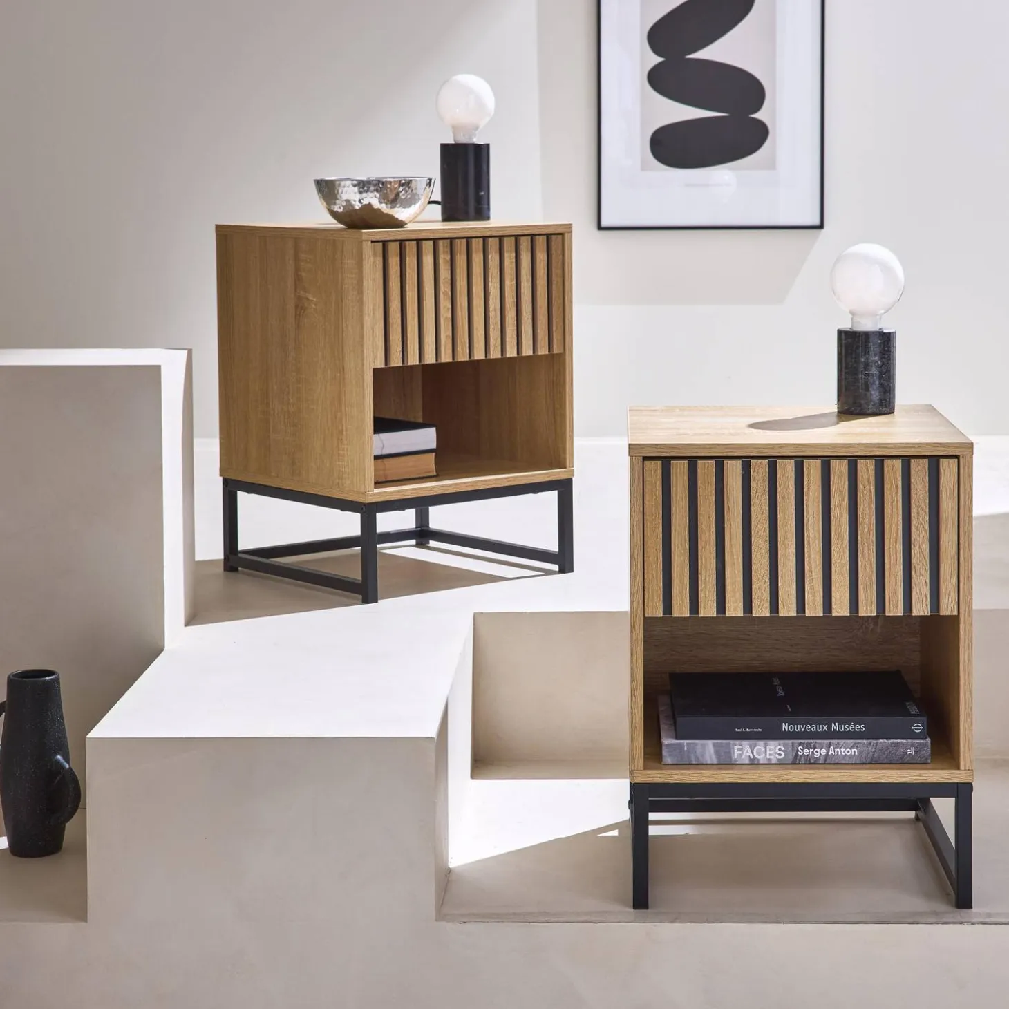 Pair of contemporary bedside tables with wood decor