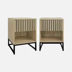 Pair of contemporary bedside tables with wood decor