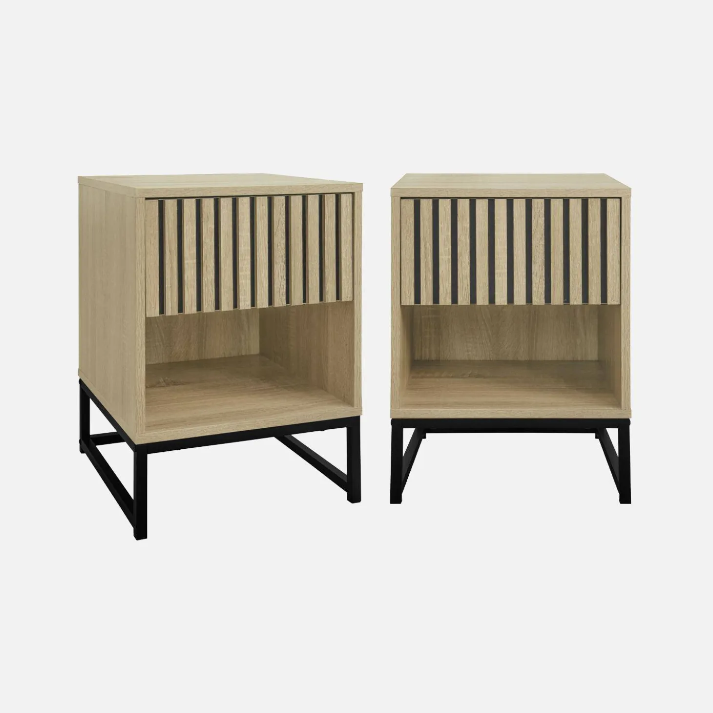 Pair of contemporary bedside tables with wood decor