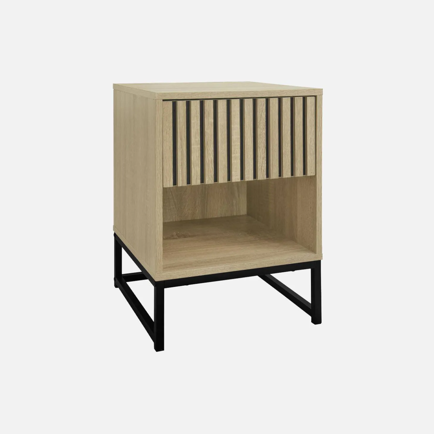 Pair of contemporary bedside tables with wood decor