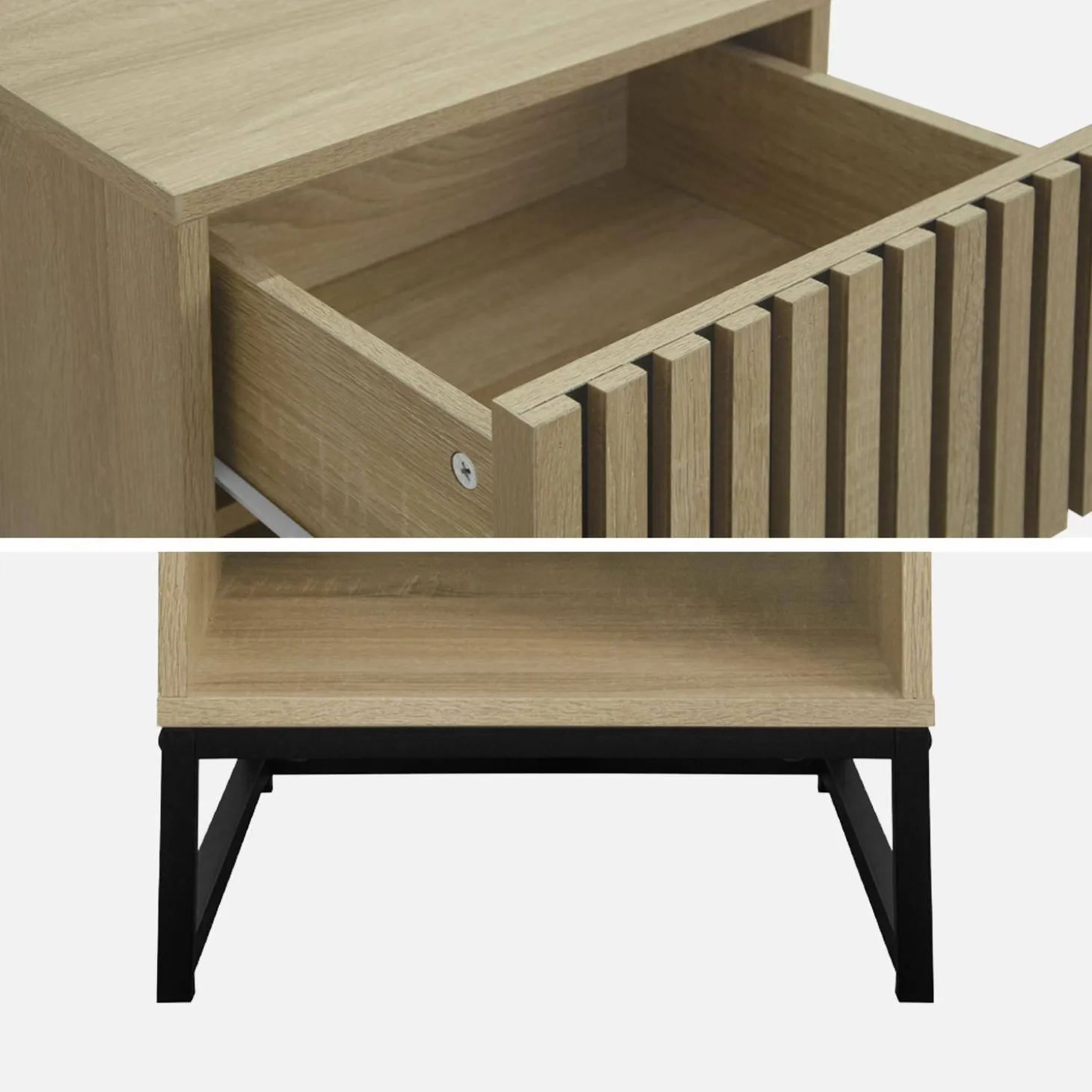 Pair of contemporary bedside tables with wood decor