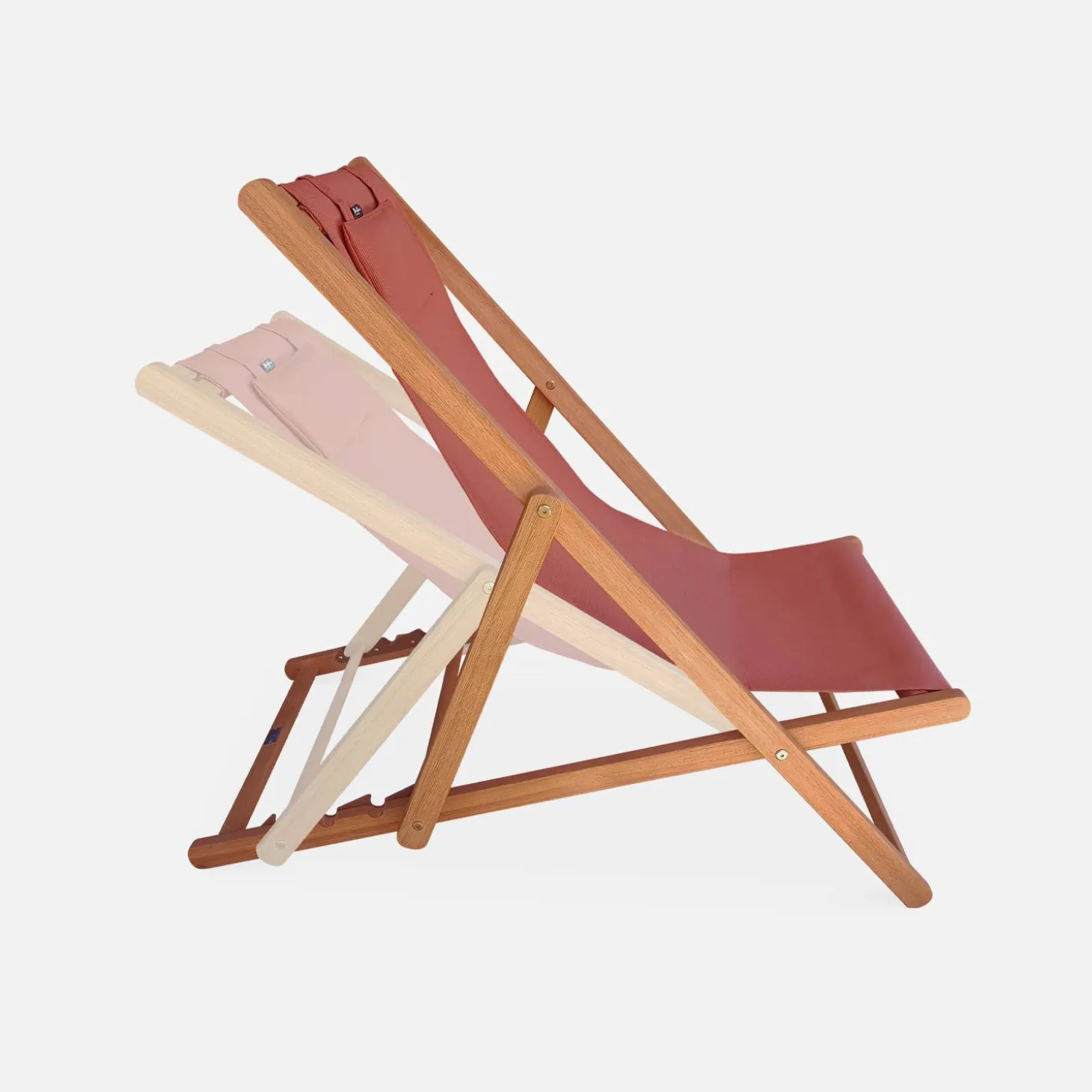 Pair of eucalyptus deck chairs with headrest cushions