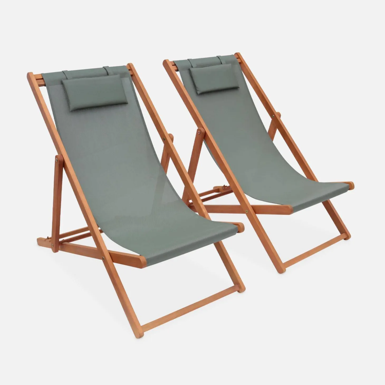 Pair of eucalyptus deck chairs with headrest cushions