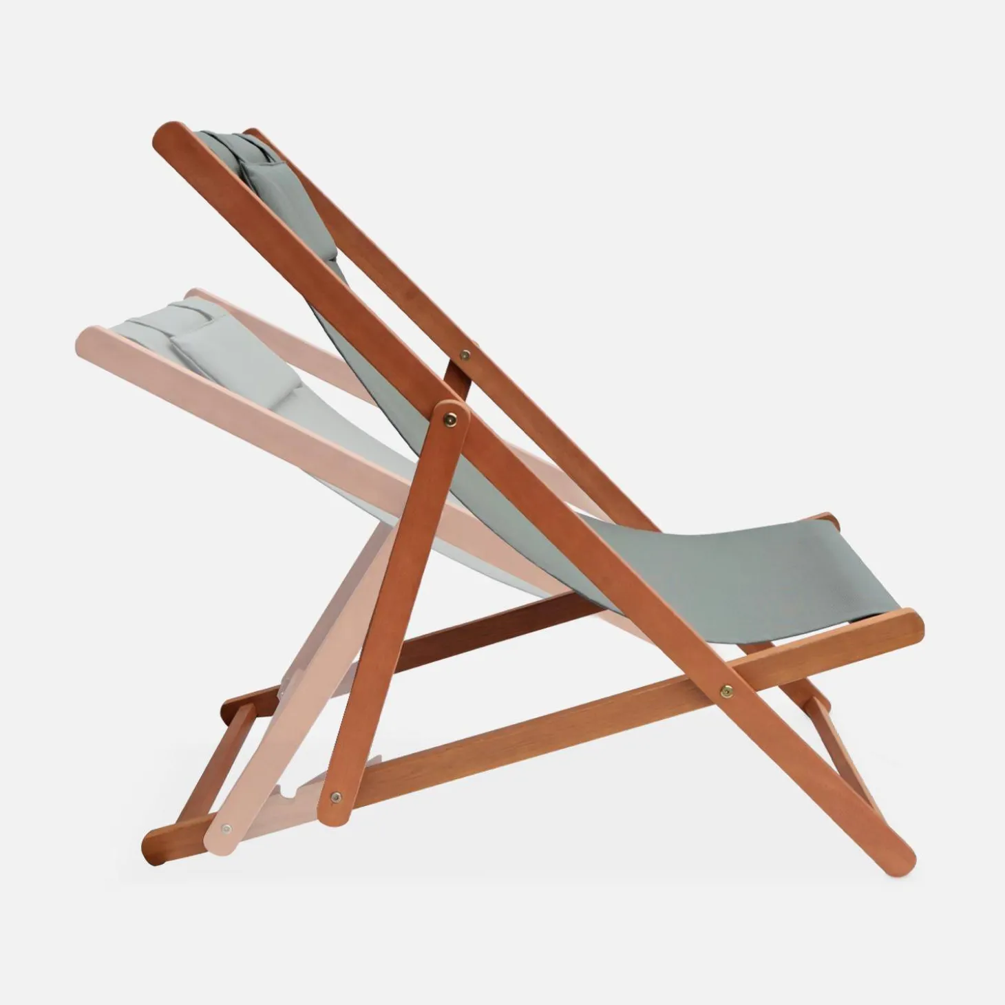 Pair of eucalyptus deck chairs with headrest cushions