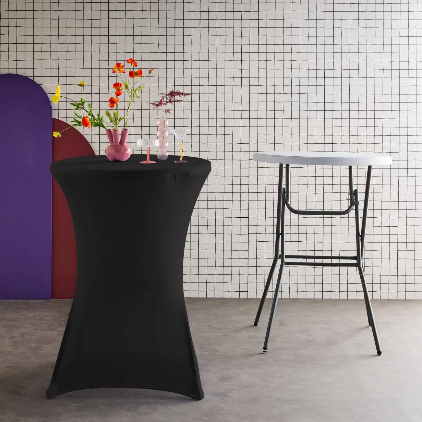 Pair of foldable high tables with protective covers