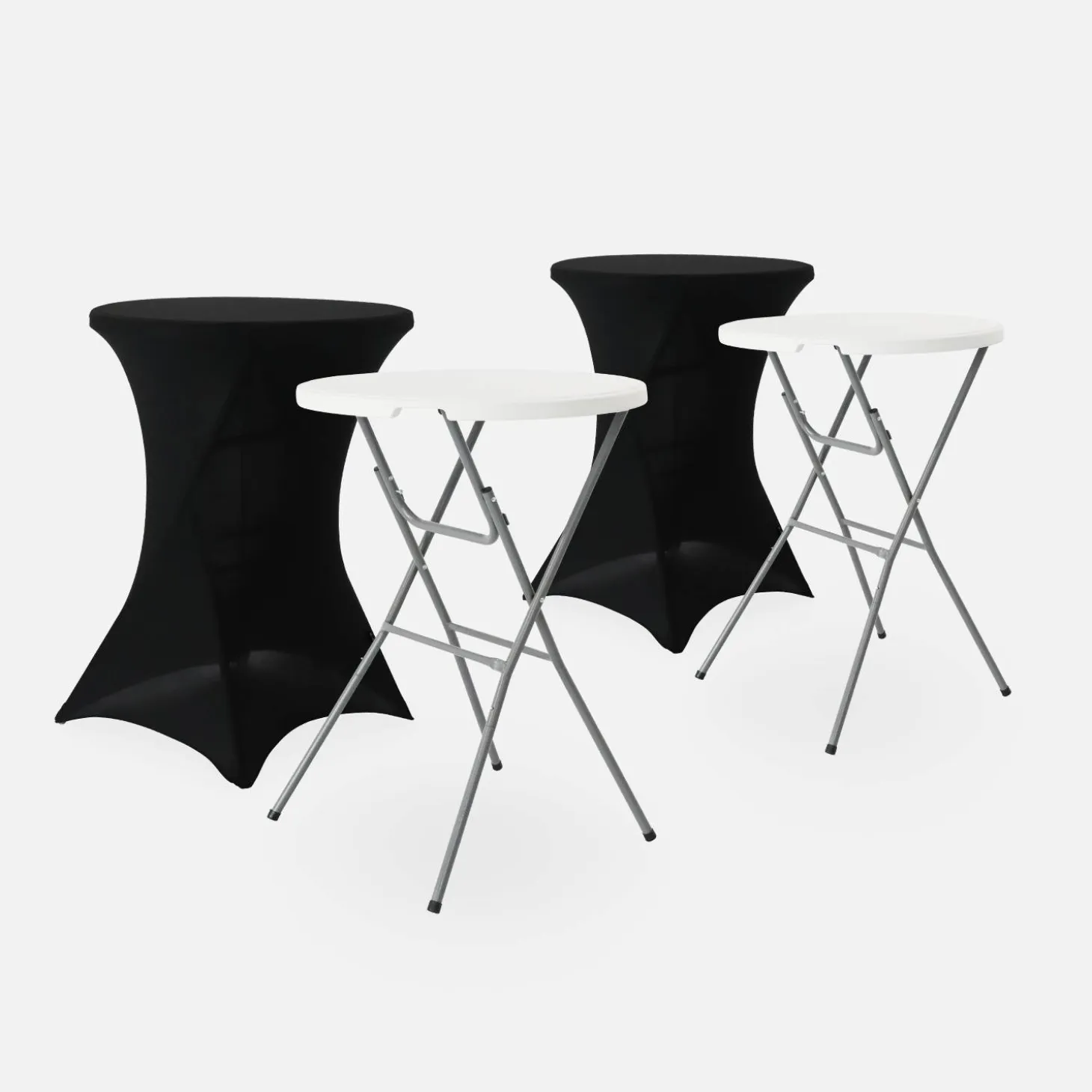 Pair of foldable high tables with protective covers