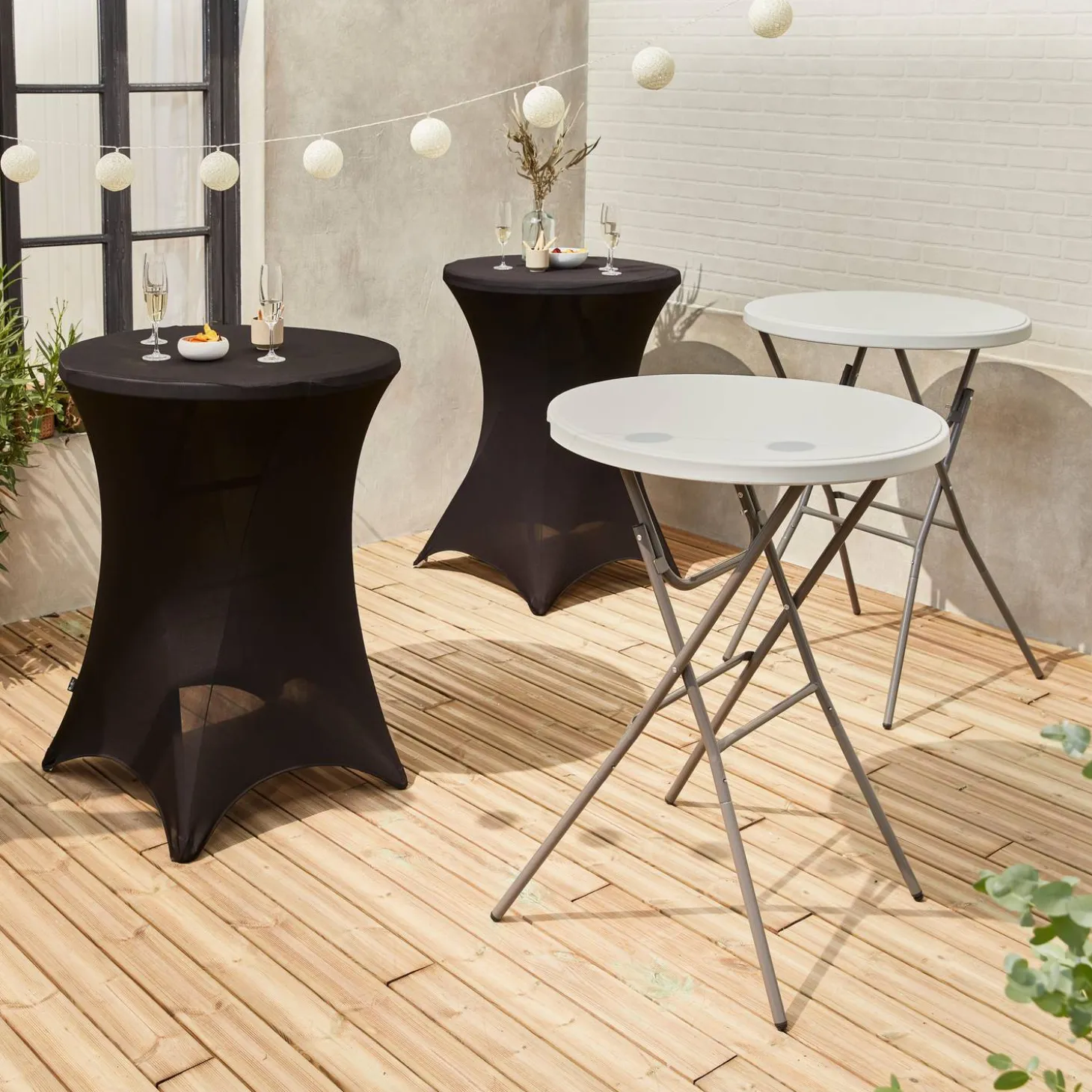 Pair of foldable high tables with protective covers
