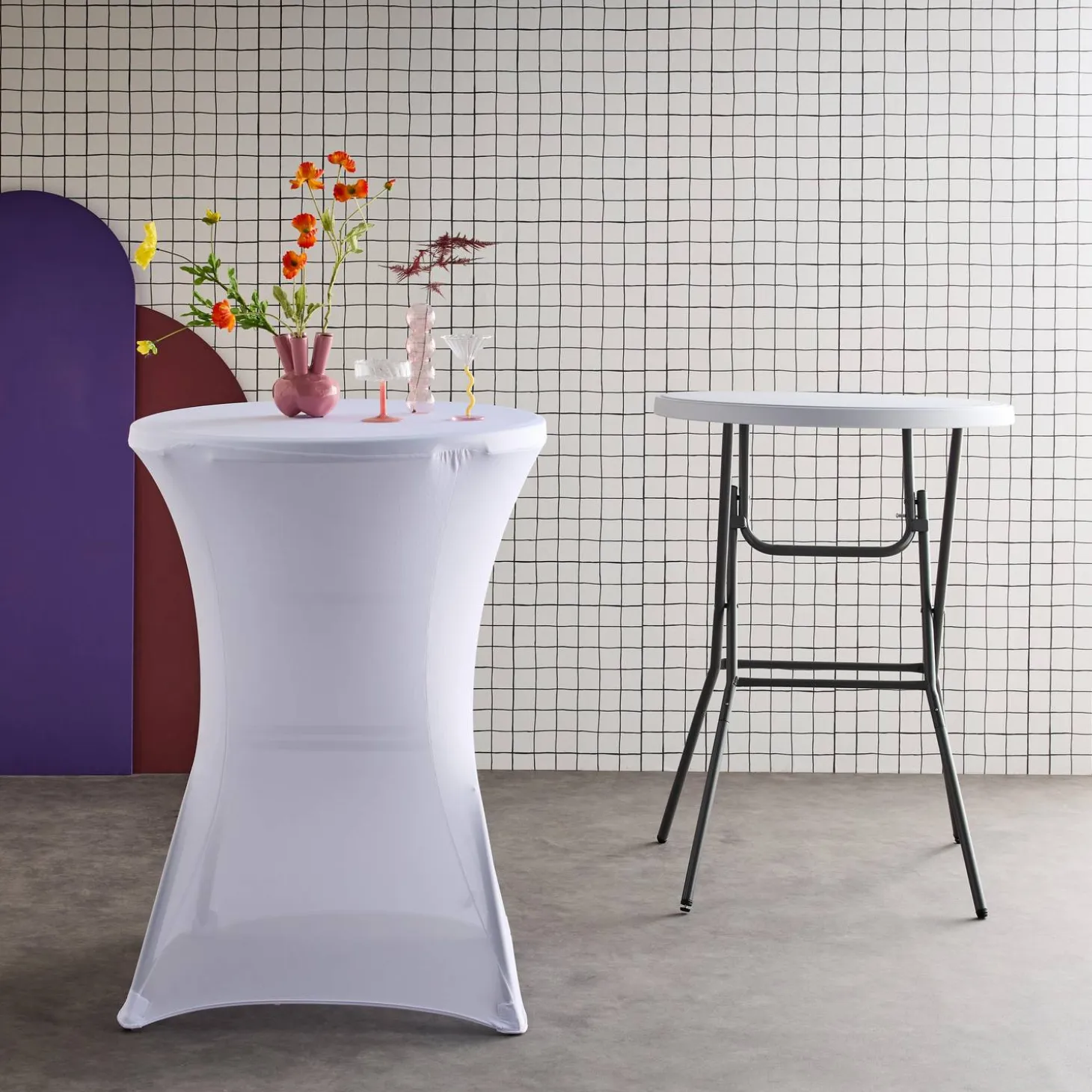 Pair of foldable high tables with protective covers