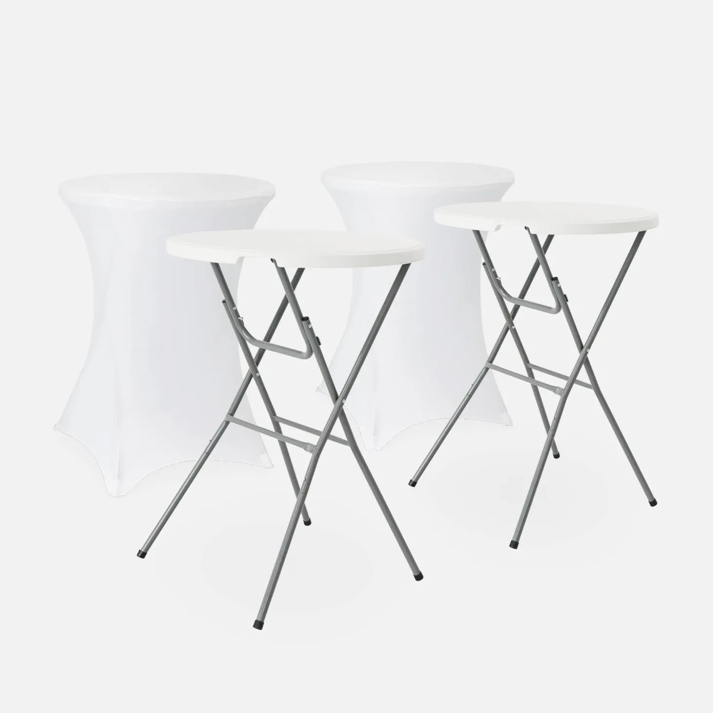 Pair of foldable high tables with protective covers