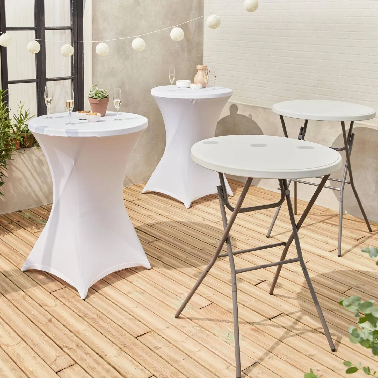 Pair of foldable high tables with protective covers