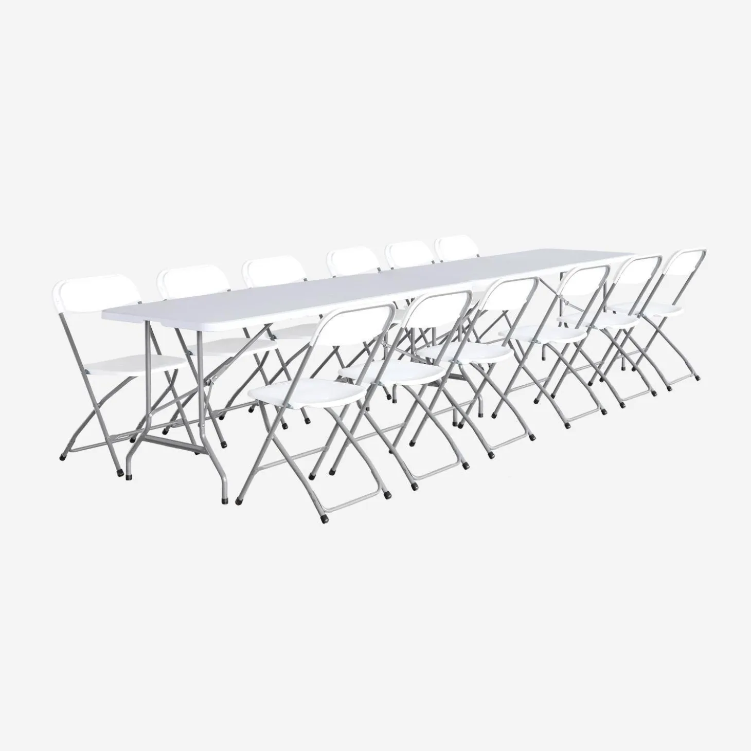Pair of folding plastic reception tables with 12 chairs