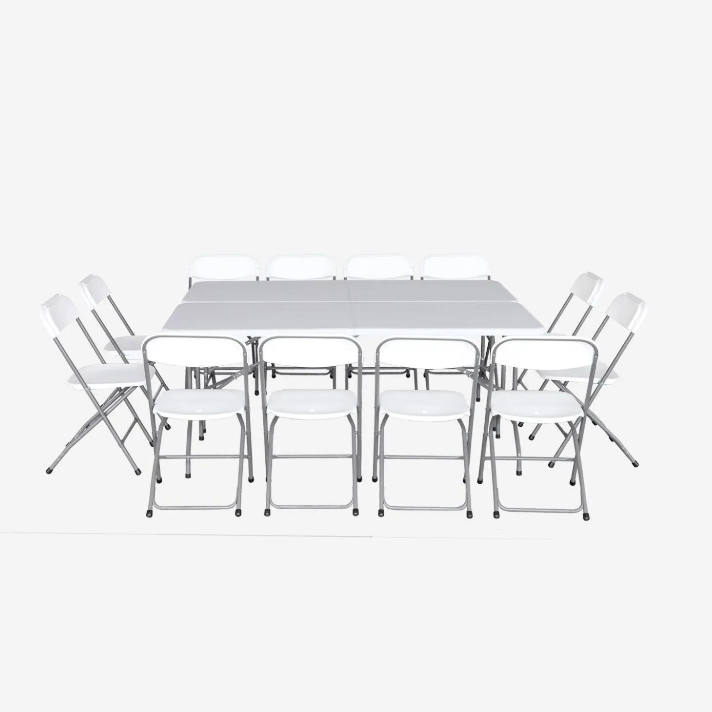 Pair of folding plastic reception tables with 12 chairs