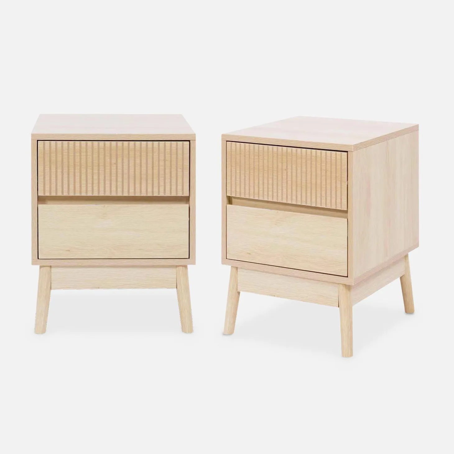 Pair of grooved bedside tables with wooden effect