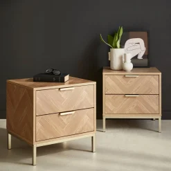 Pair of herringbone bedside tables with 2 drawers
